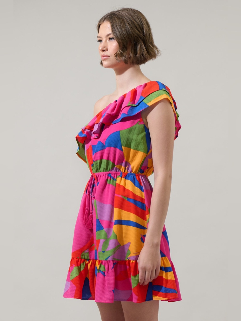 Sugarlips One-Shoulder Pink Multi-Color Ruffle Mini Dress - Picture 2 of 3